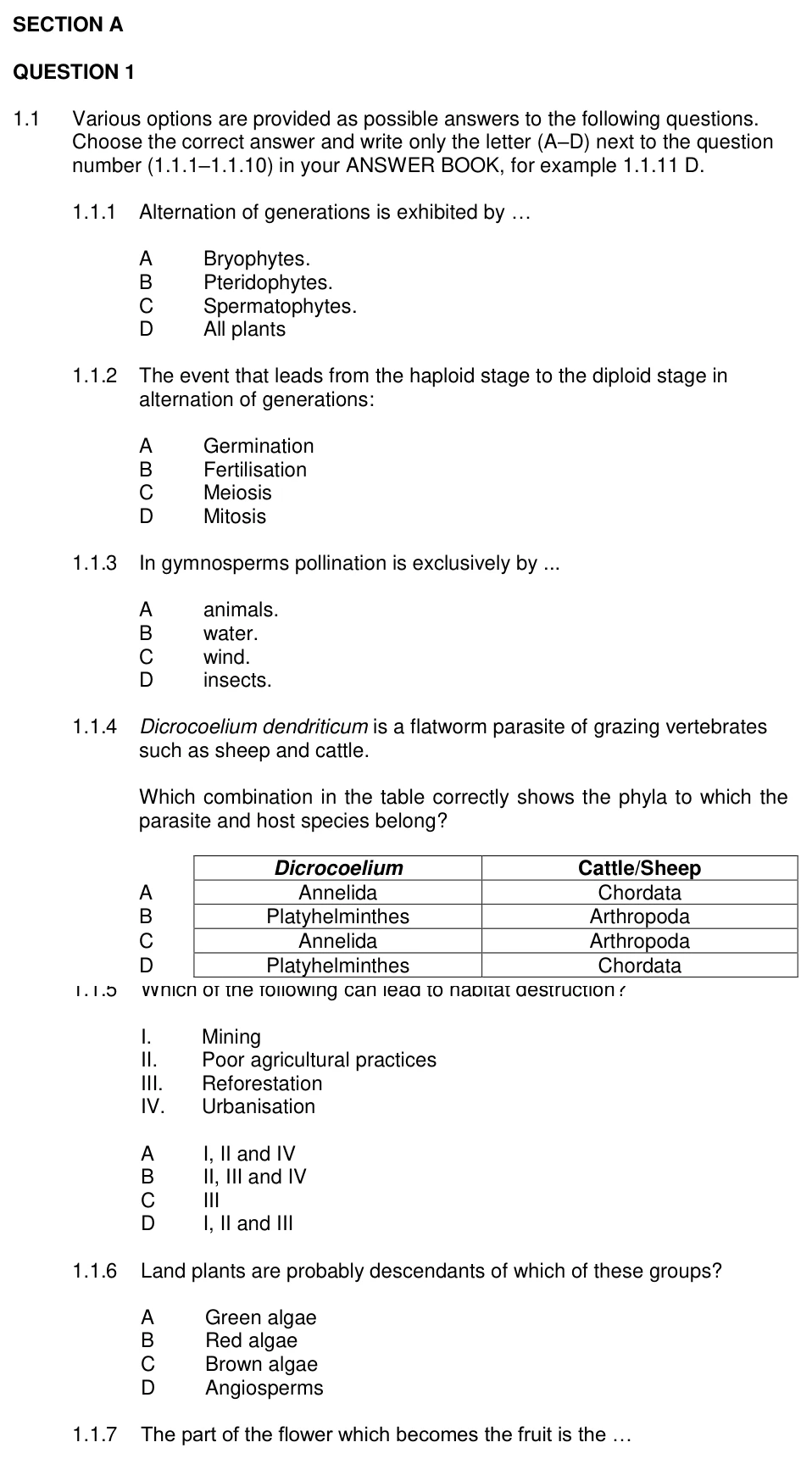 Grade 11 Life Sciences Biodiversity in plants and reproduction practice question