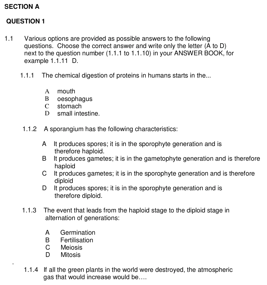 Grade 11 Life Sciences Animal nutrition practice question
