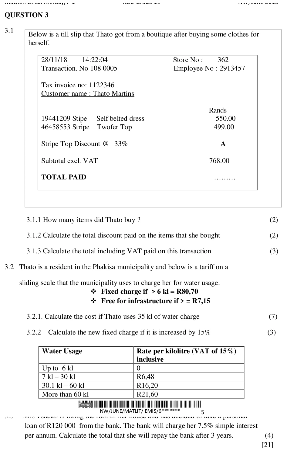 Grade 11 Mathematical Literacy FINANCE practice question