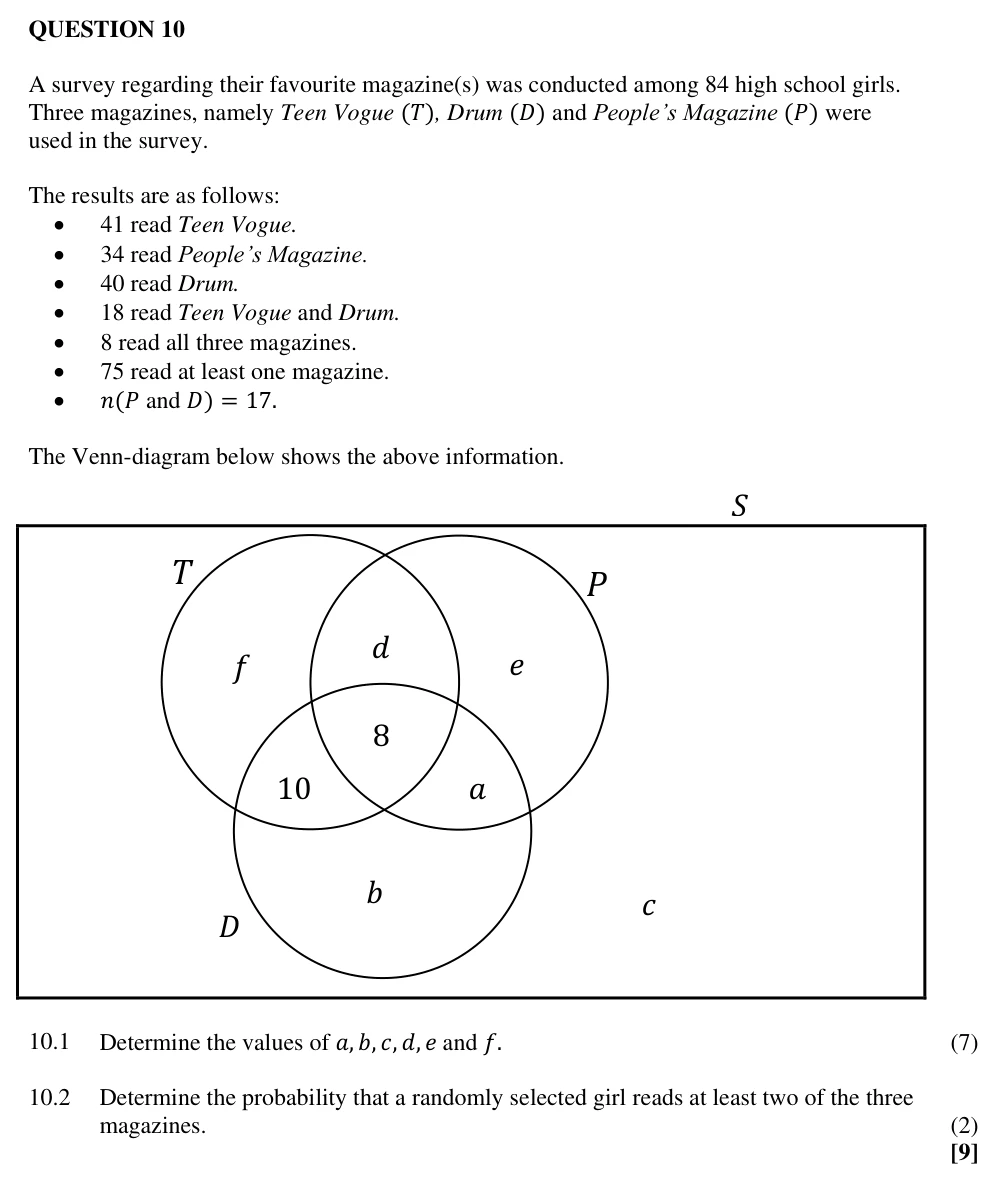 Grade 11 Mathematics Probability practice question