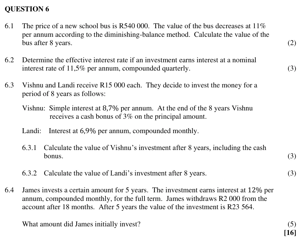 Grade 11 Mathematics Finance, growth and decay practice question