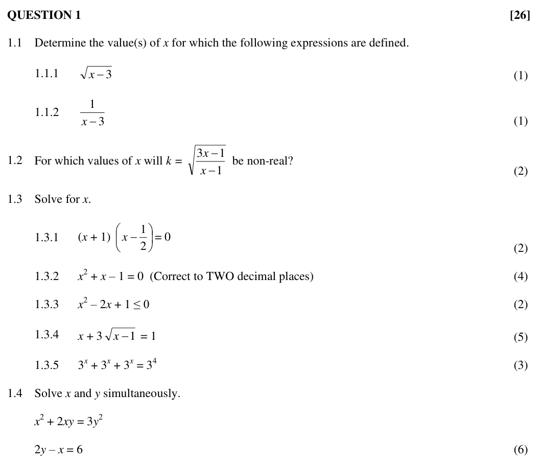 Grade 11 Mathematics Algebraic expressions, equations and inequalities practice question