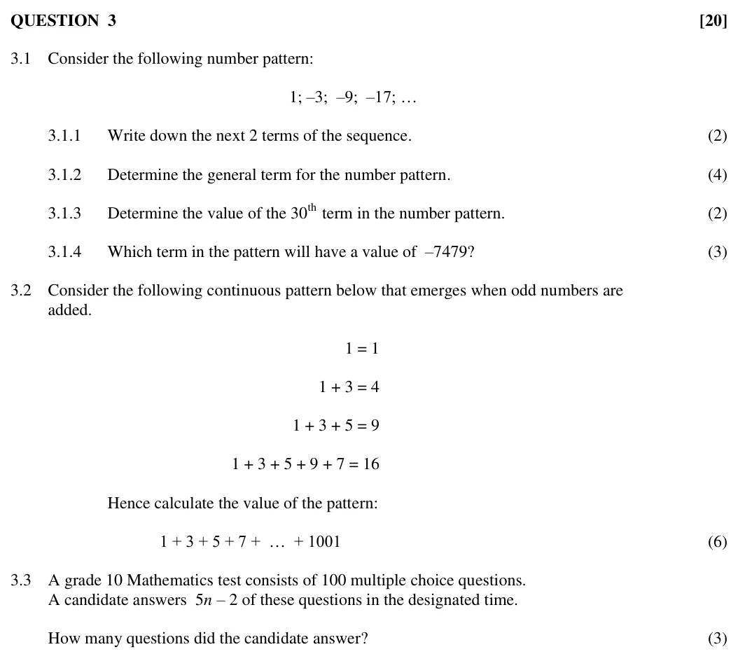 Grade 11 Mathematics Number patterns practice question
