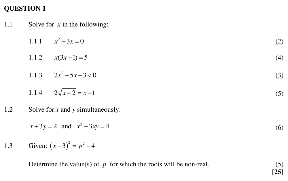 Grade 11 Mathematics Algebraic expressions, equations  and inequalities practice question