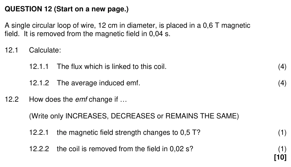 Grade 11 Physical Sciences Electromagnetism practice question
