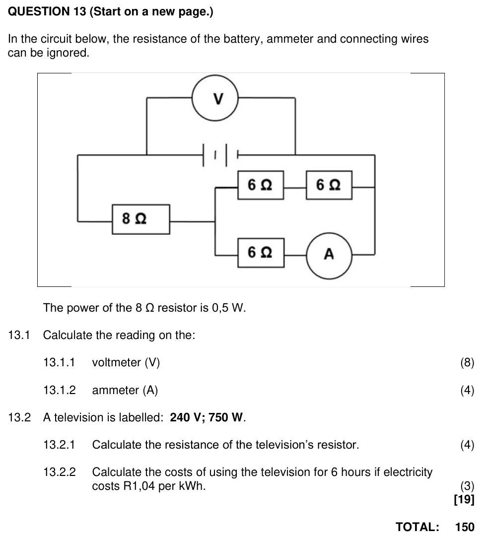 Grade 11 Physical Sciences Electric circuits practice question