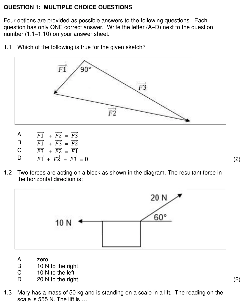 Grade 11 Physical Sciences Vectors in two dimensions practice question