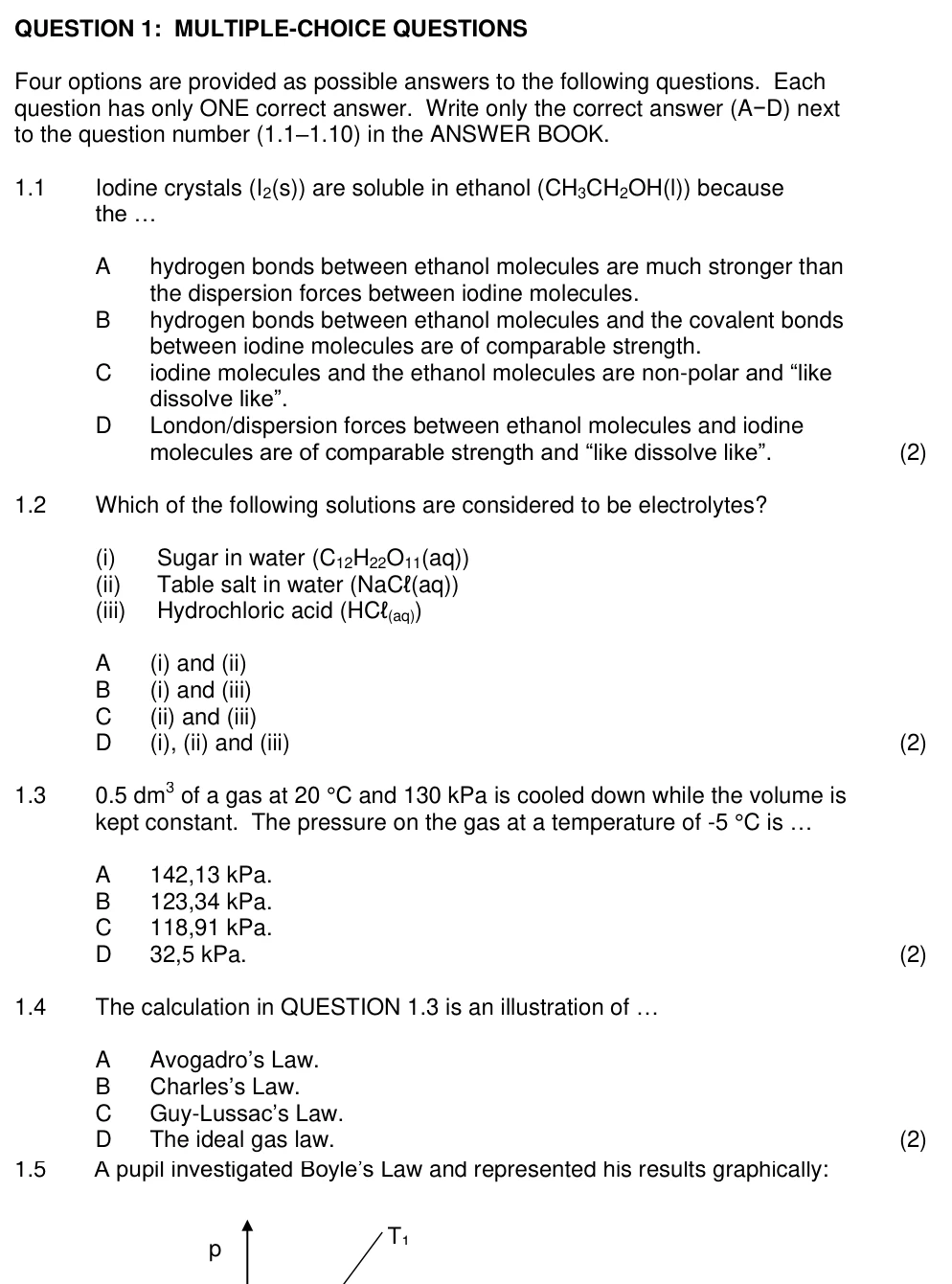 Grade 11 Physical Sciences Intermolecular forces practice question