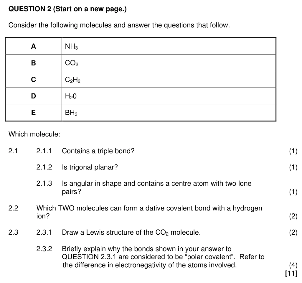 Grade 11 Physical Sciences Atomic combinations practice question