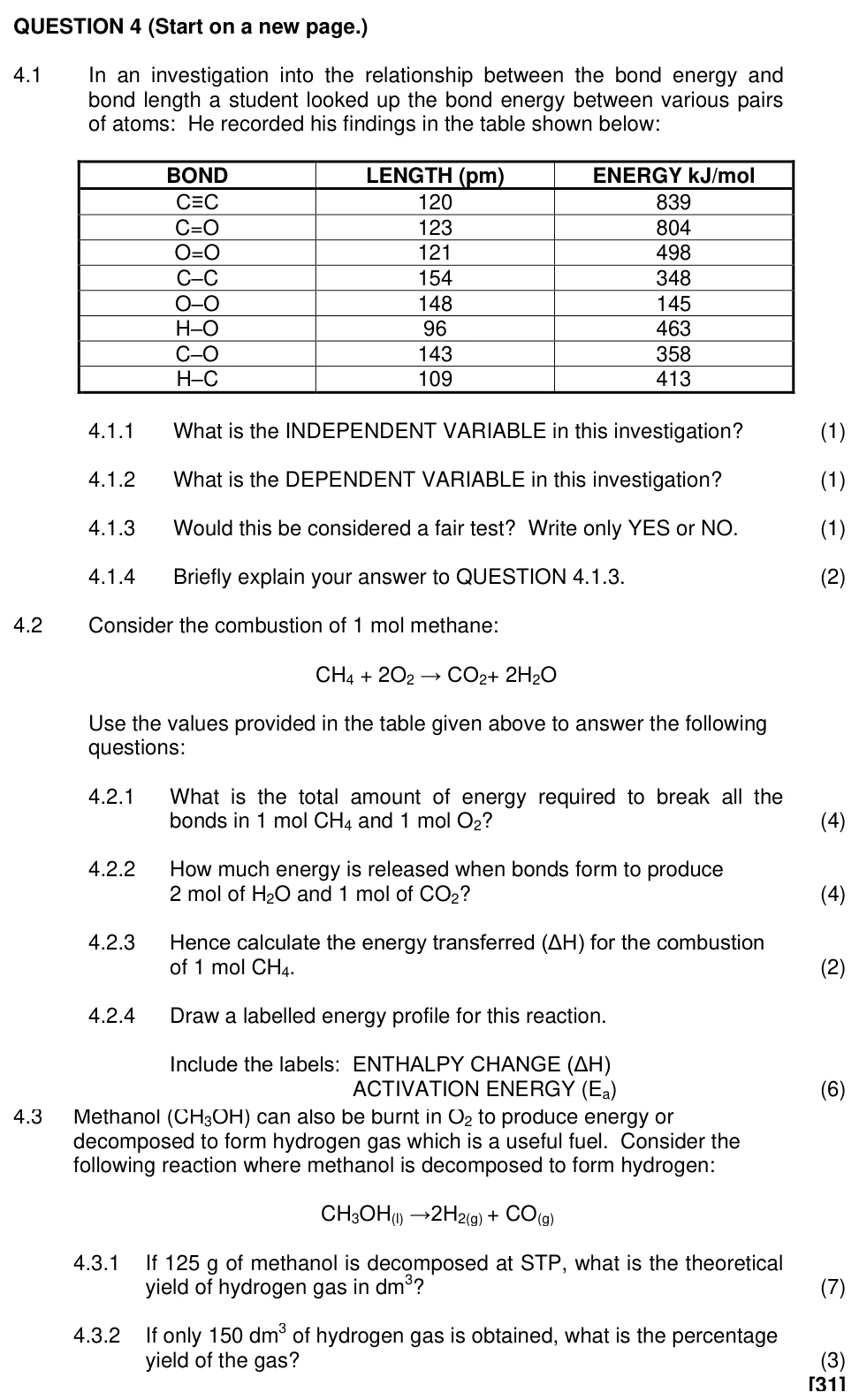 Grade 11 Physical Sciences Energy and chemical change practice question