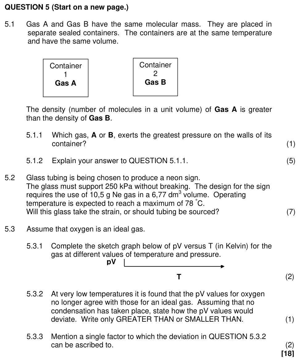 Grade 11 Physical Sciences Ideal gases and thermal properties practice question