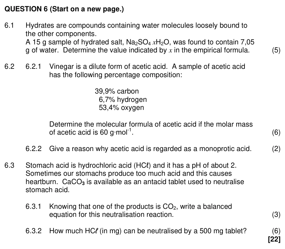 Grade 11 Physical Sciences Quantitative aspects of  chemical change practice question