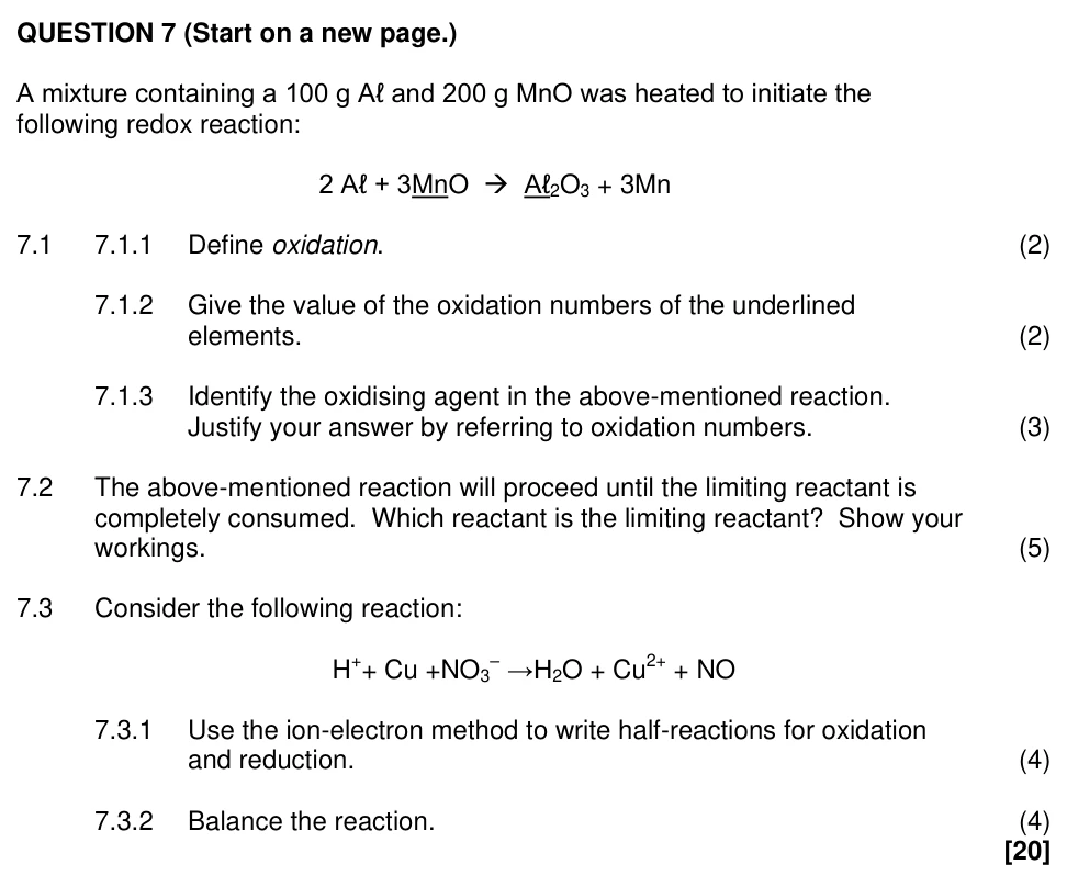 Grade 11 Physical Sciences Types of reaction practice question