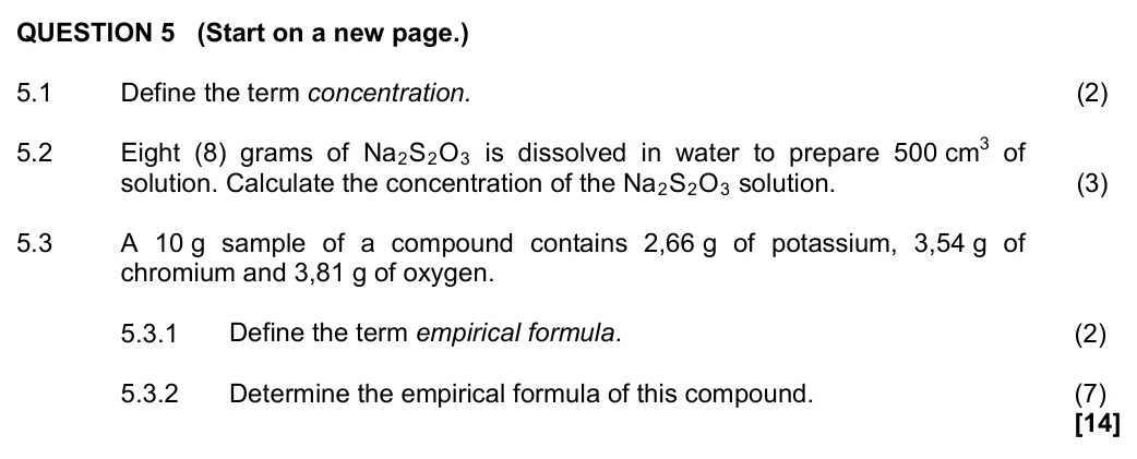 Grade 11 Physical Sciences Quantitative aspects of chemical change practice question