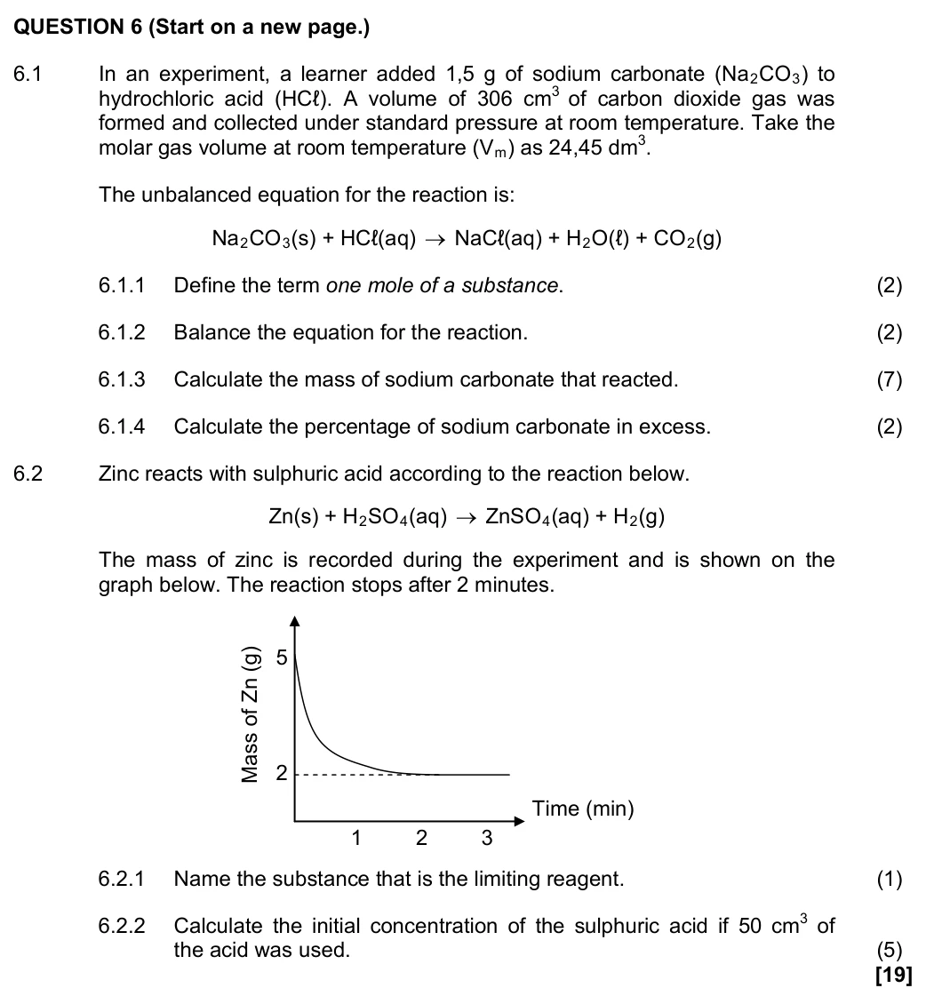 Grade 11 Physical Sciences Quantitative aspects of chemical change practice question