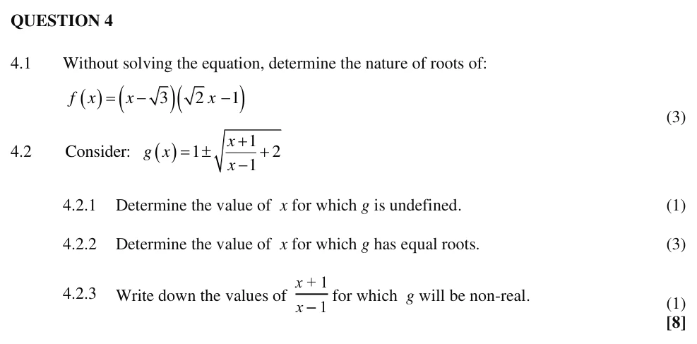 Grade 11 Technical Mathematics Nature of roots practice question