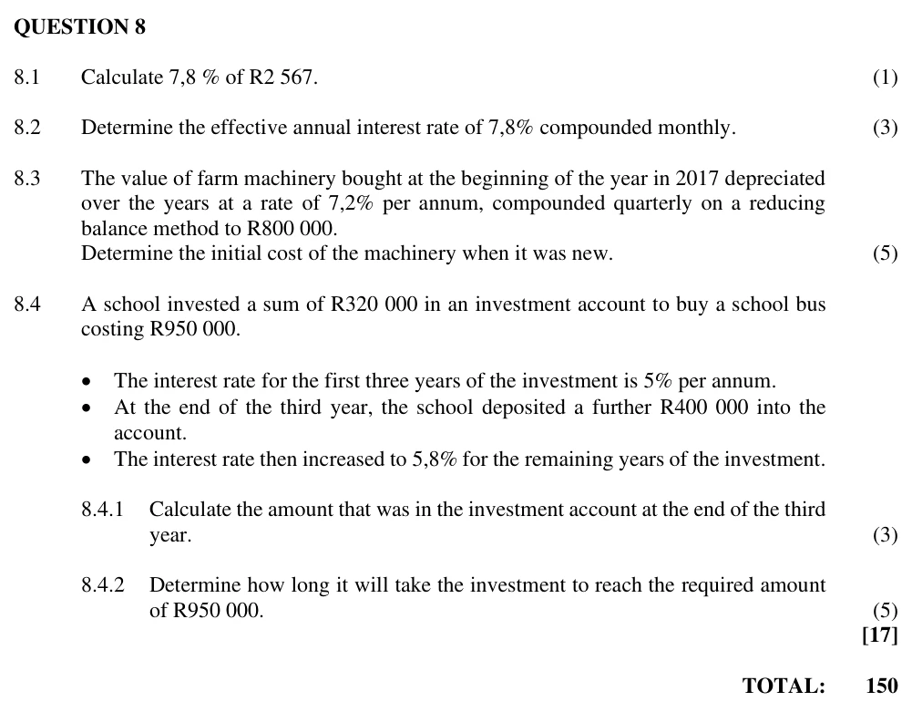 Grade 11 Technical Mathematics Finance, growth and decay practice question