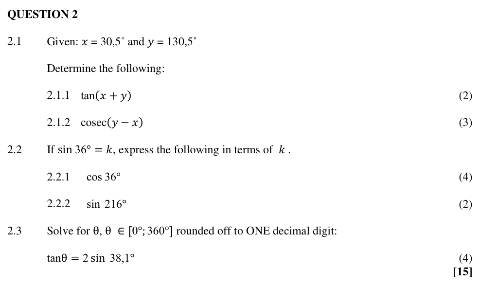 Grade 11 Technical Mathematics Trigonometry practice question