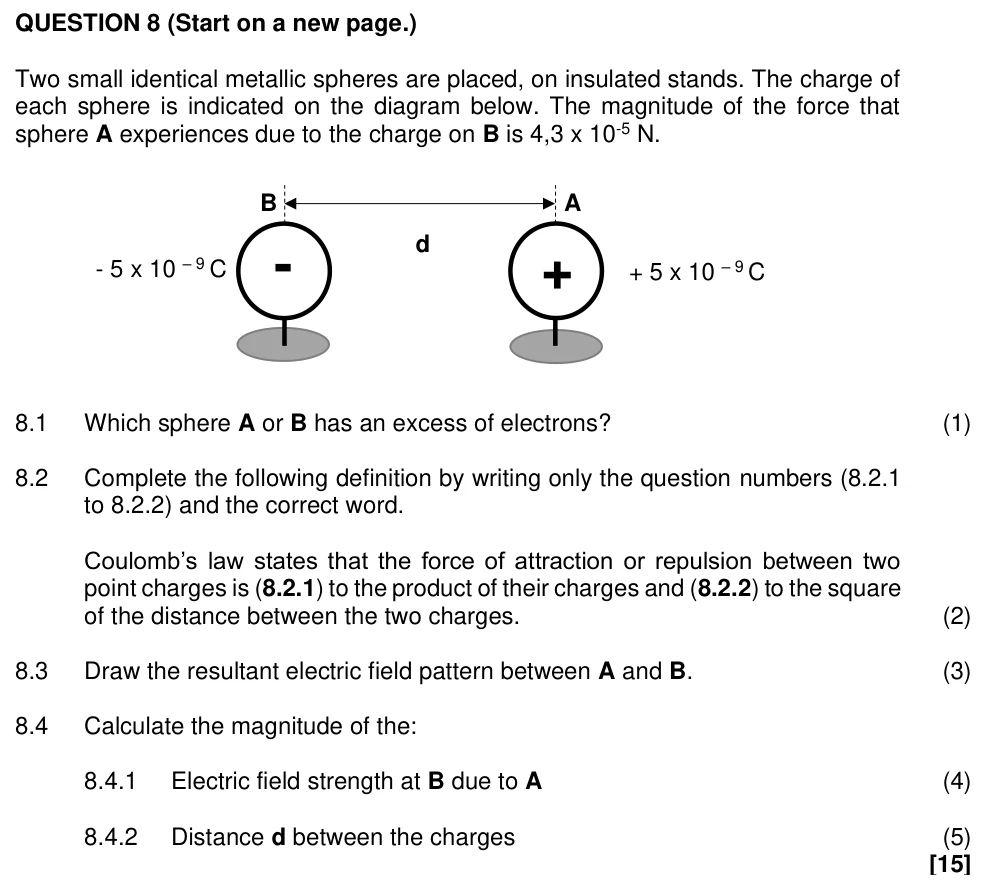 Grade 11 Technical Sciences Electrostatics practice question