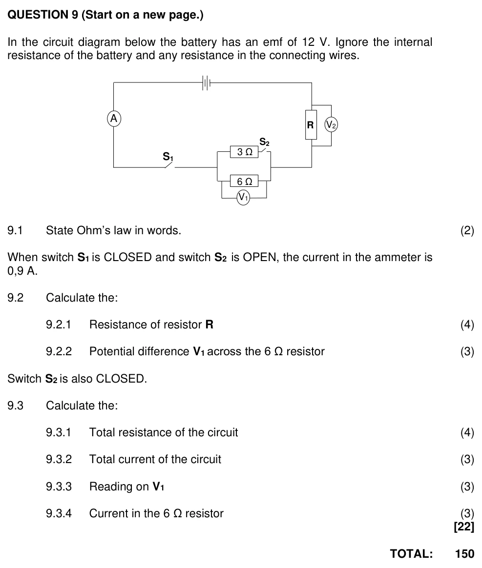 Grade 11 Technical Sciences Electric circuits practice question