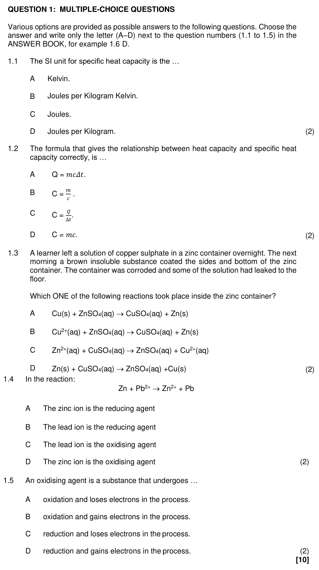 Grade 11 Technical Sciences Heat and specific heat capacity practice question