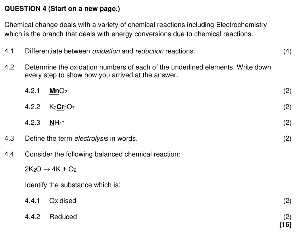 Grade 11 Technical Sciences Oxidation and reduction practice question