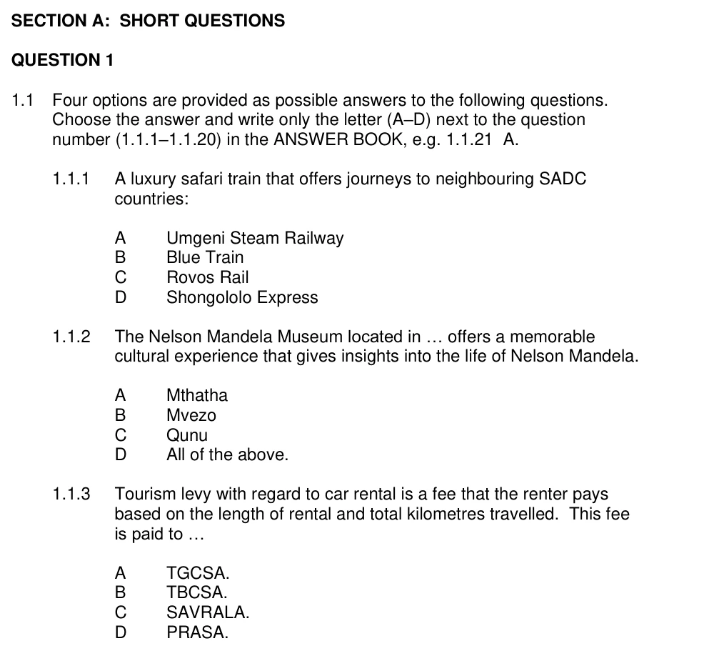 Grade 11 Tourism Airports, airlines and airport operations practice question