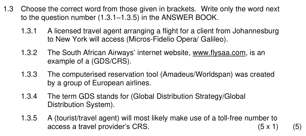Grade 11 Tourism Airport technology and seating practice question