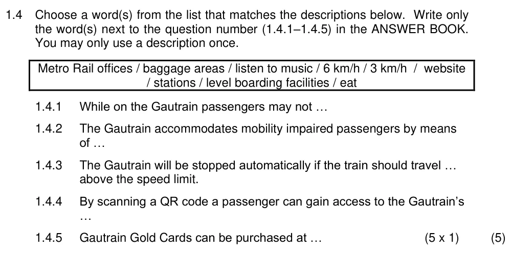 Grade 11 Tourism Tourism bus and train industry practice question