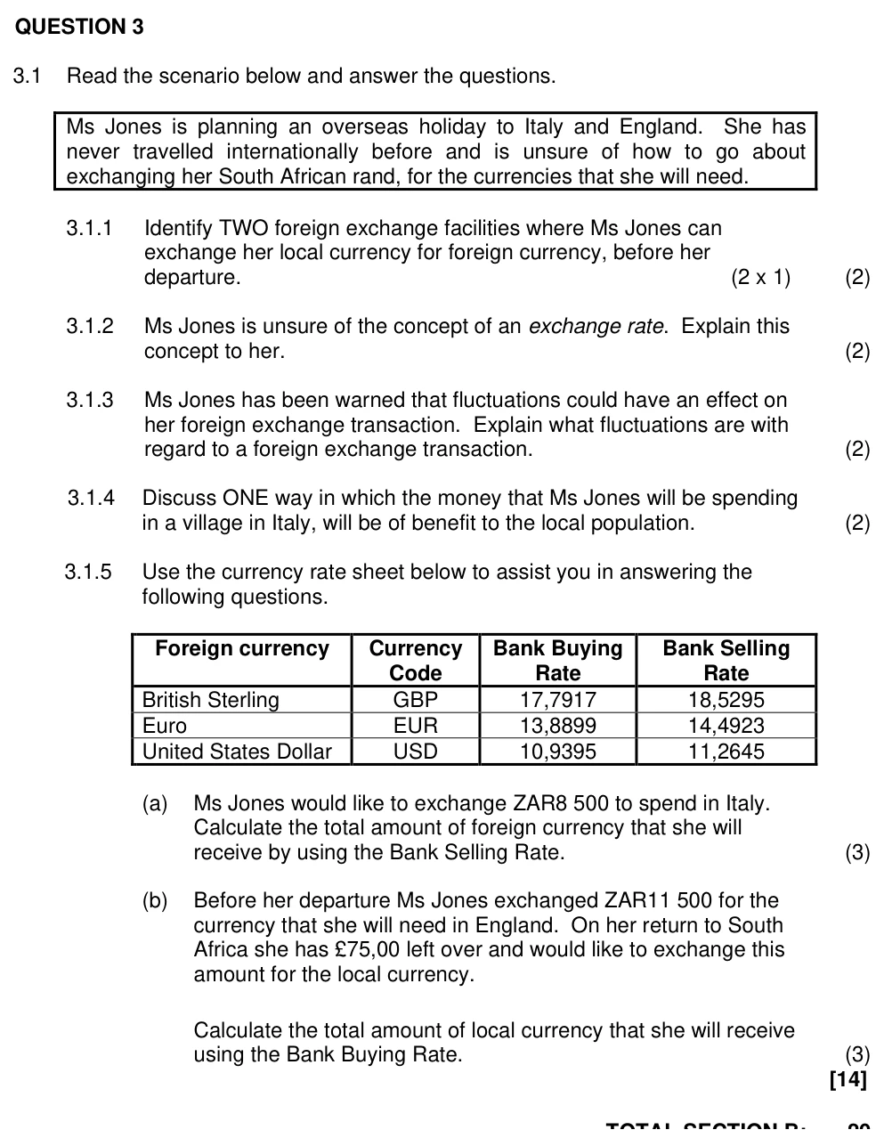 Grade 11 Tourism Foreign exchange practice question