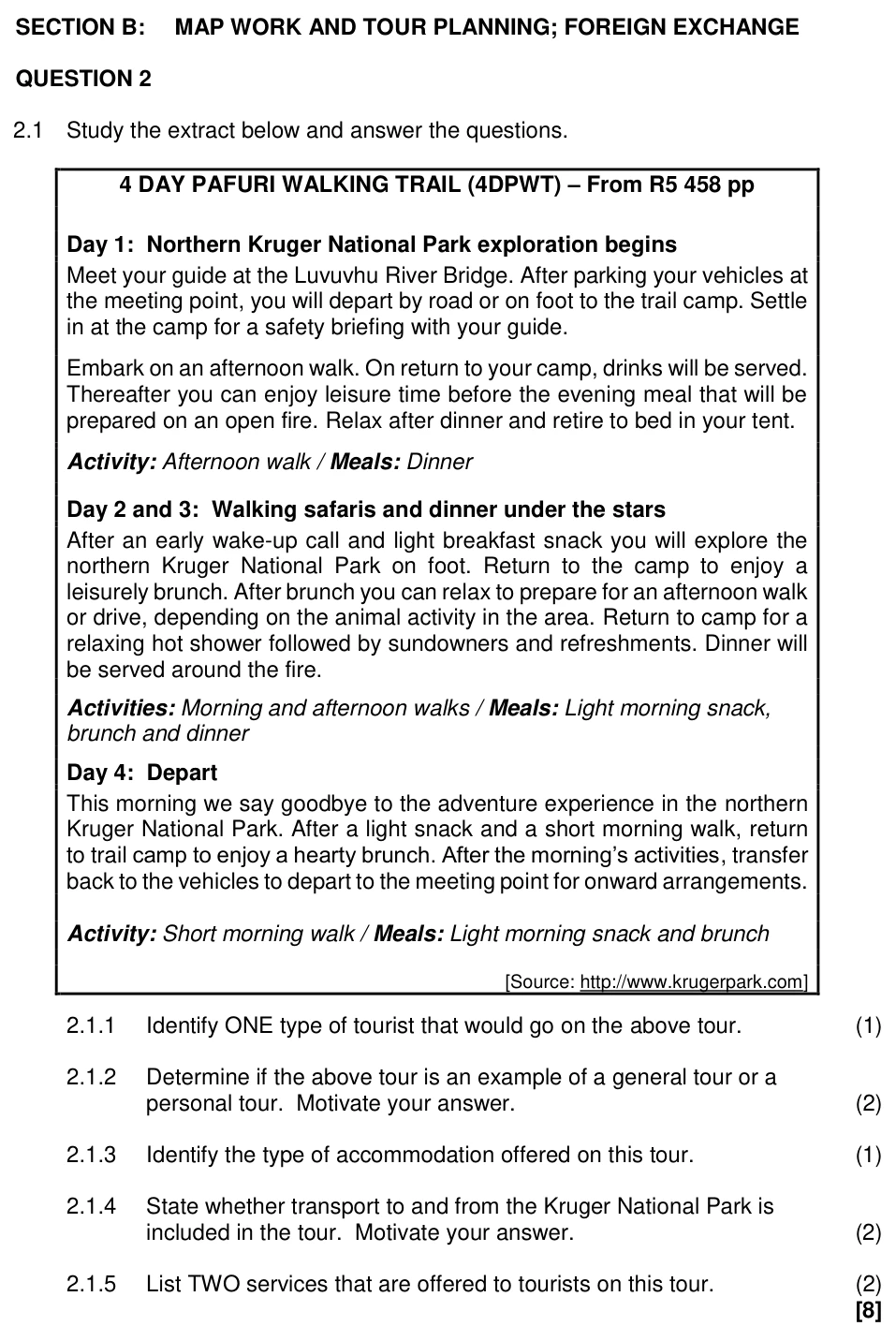 Grade 11 Tourism Map work and tour planning practice question