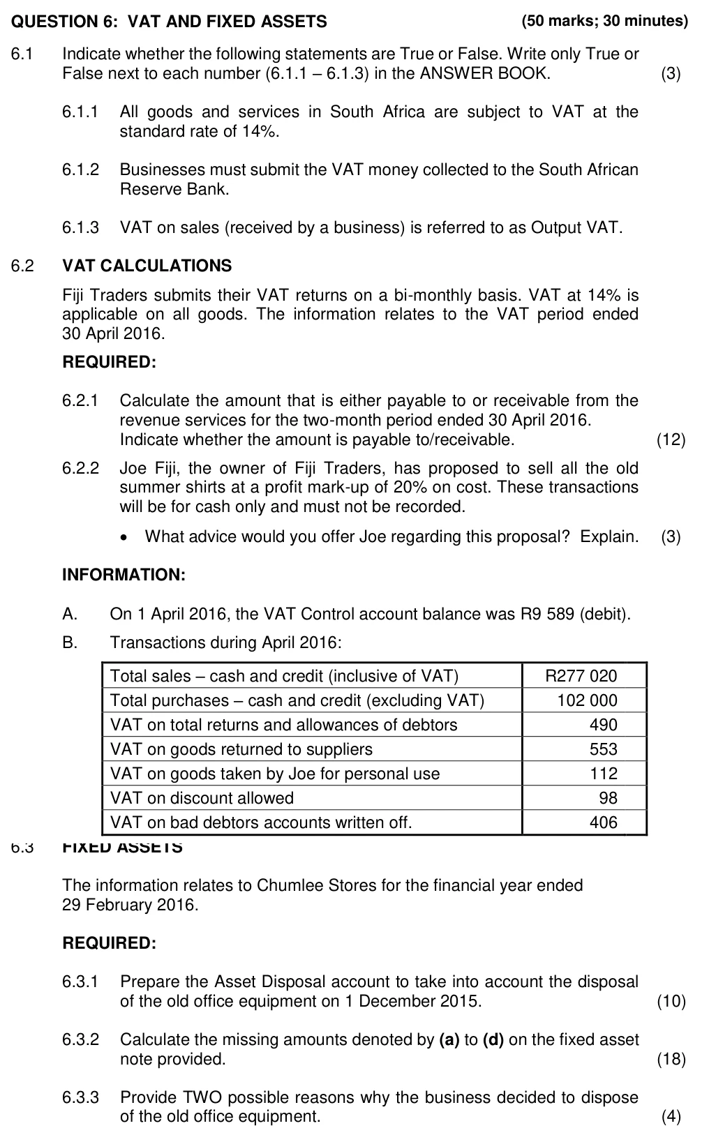 Grade 12 Accounting Value Added Tax (VAT) practice question