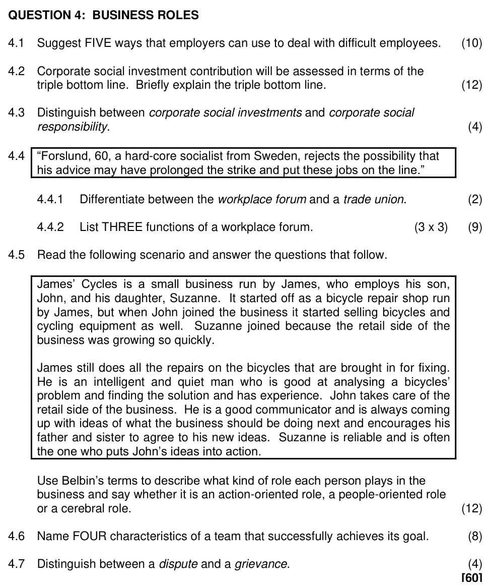 Grade 12 Business Studies BUSINESS ROLES practice question