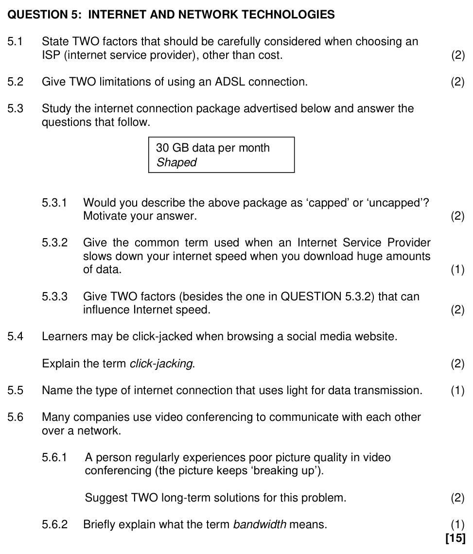 Grade 12 Computer Applications Technology Network technologies practice question