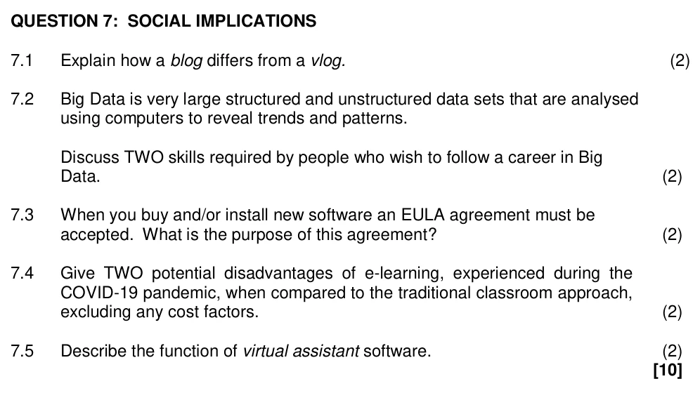 Grade 12 Computer Applications Technology Social implications practice question