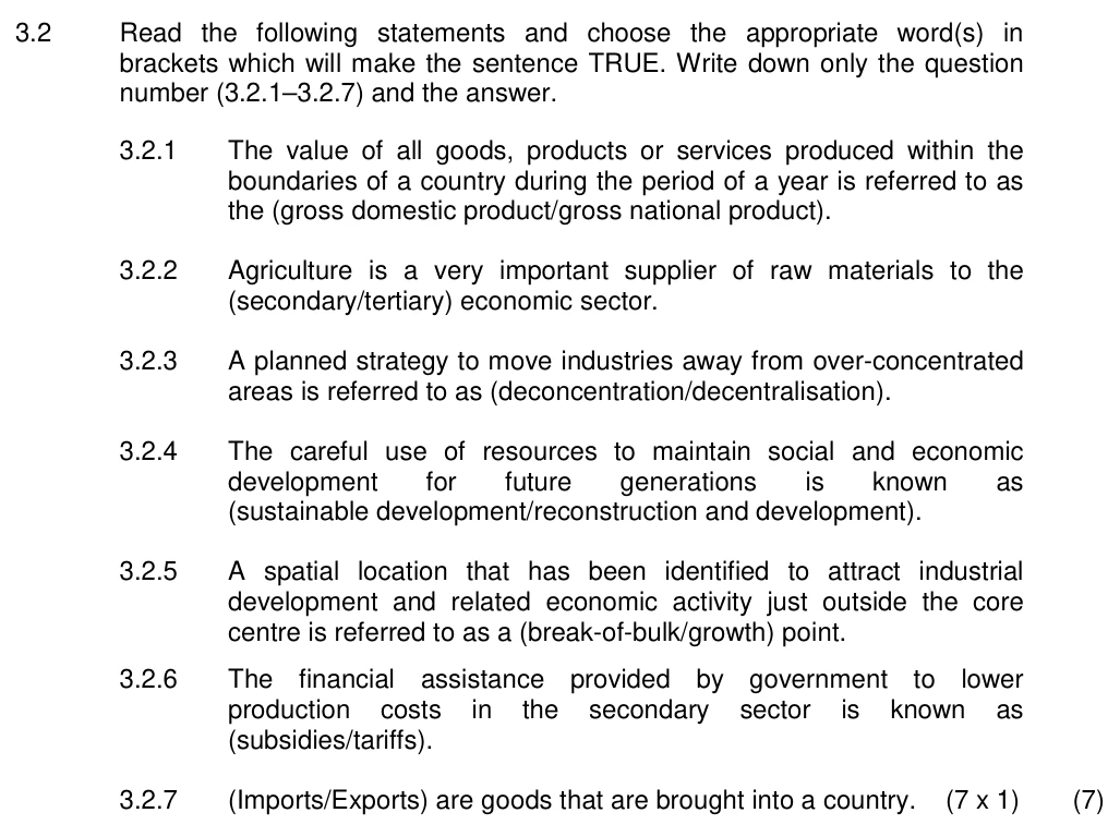 Grade 12 Geography Economic geography of South  Africa practice question