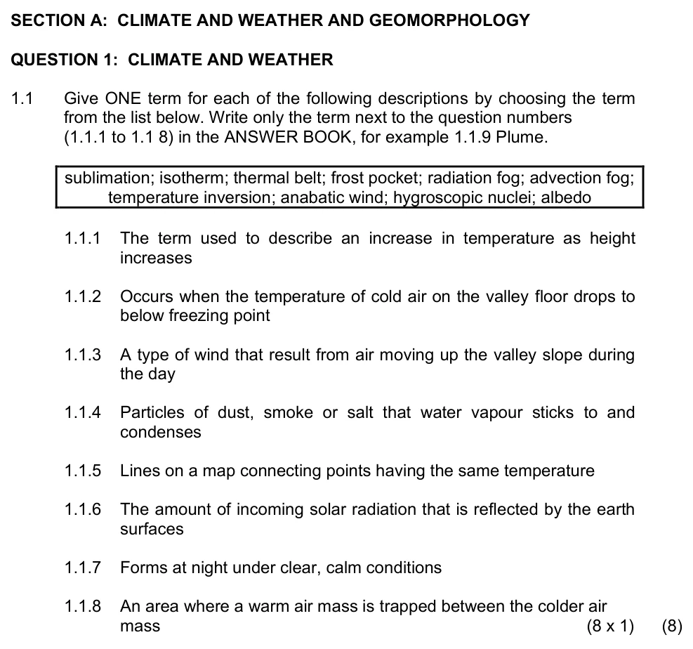 Grade 12 Geography Climate and weather practice question