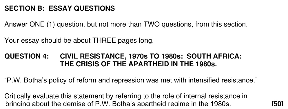Grade 12 History Civil Resistance, 1970s to 1980s:  South Africa practice question