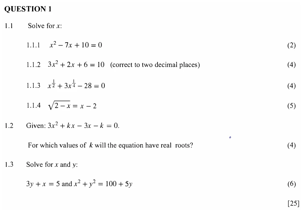 Grade 12 Mathematics Algebraic expressions, equations and inequalities practice question