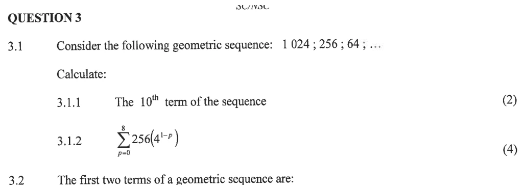 Grade 12 Mathematics Number patterns practice question