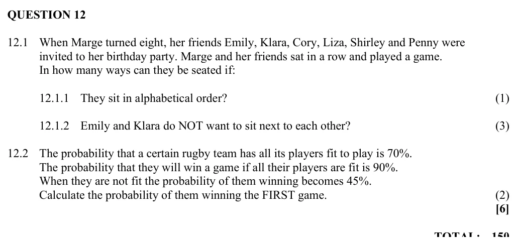 Grade 12 Mathematics Counting principle and probability practice question