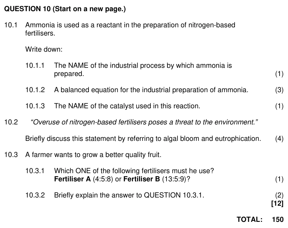 Grade 12 Physical Sciences The Fertiliser Industry practice question
