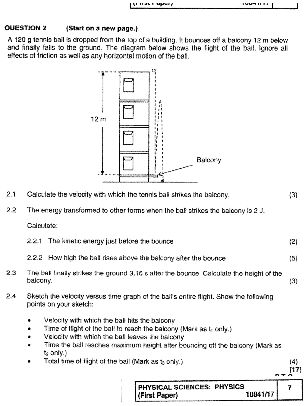 Grade 12 Physical Sciences Vertical Projectile Motion practice question