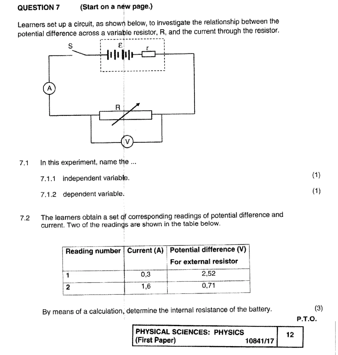 Grade 12 Physical Sciences Electric Circuits practice question