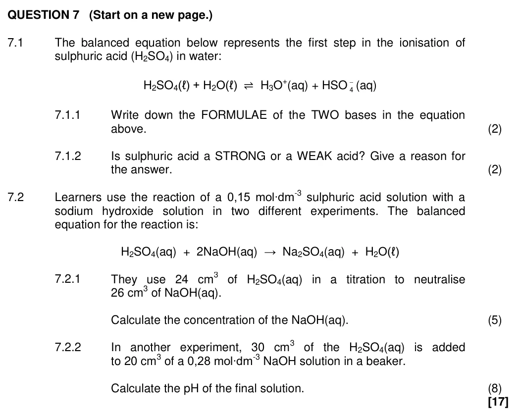 Grade 12 Physical Sciences Acids and Bases practice question