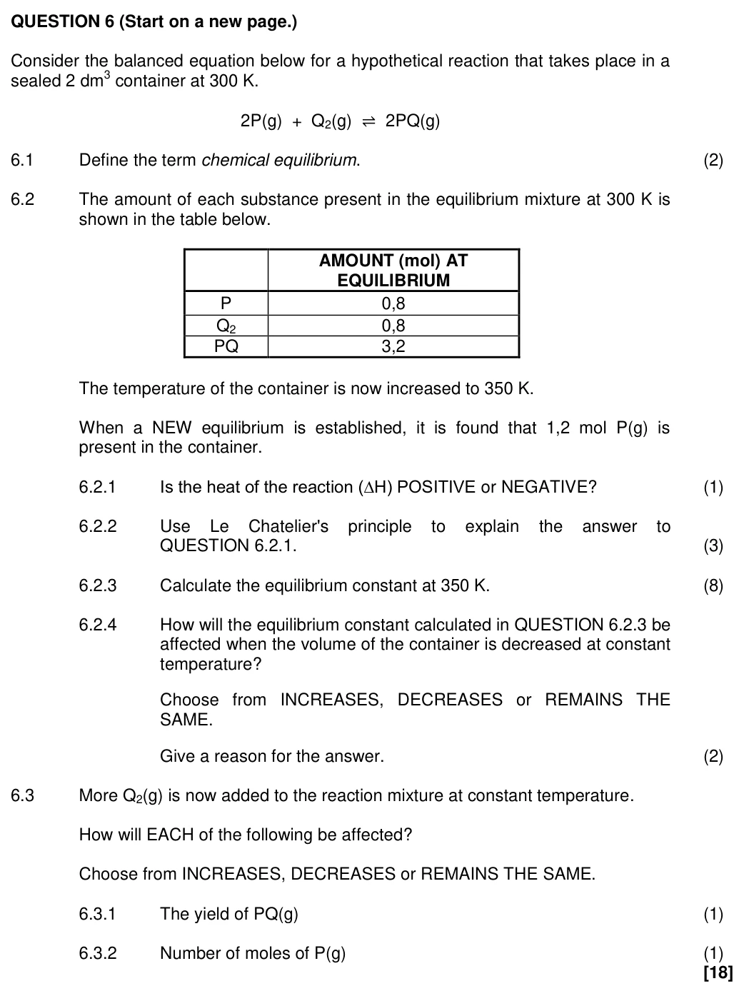 Grade 12 Physical Sciences Chemical Equilibrium practice question