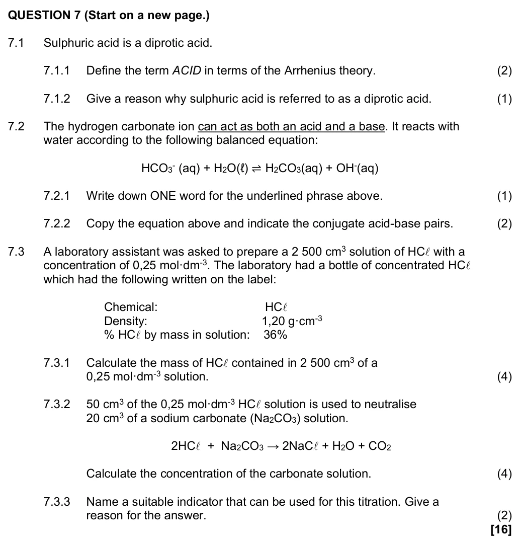Grade 12 Physical Sciences Acids and Bases practice question
