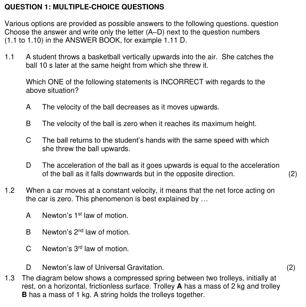 Grade 12 Physical Sciences Newton's Laws and Forces practice question