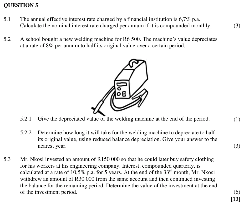 Grade 12 Technical Mathematics Finance, growth, and decay practice question