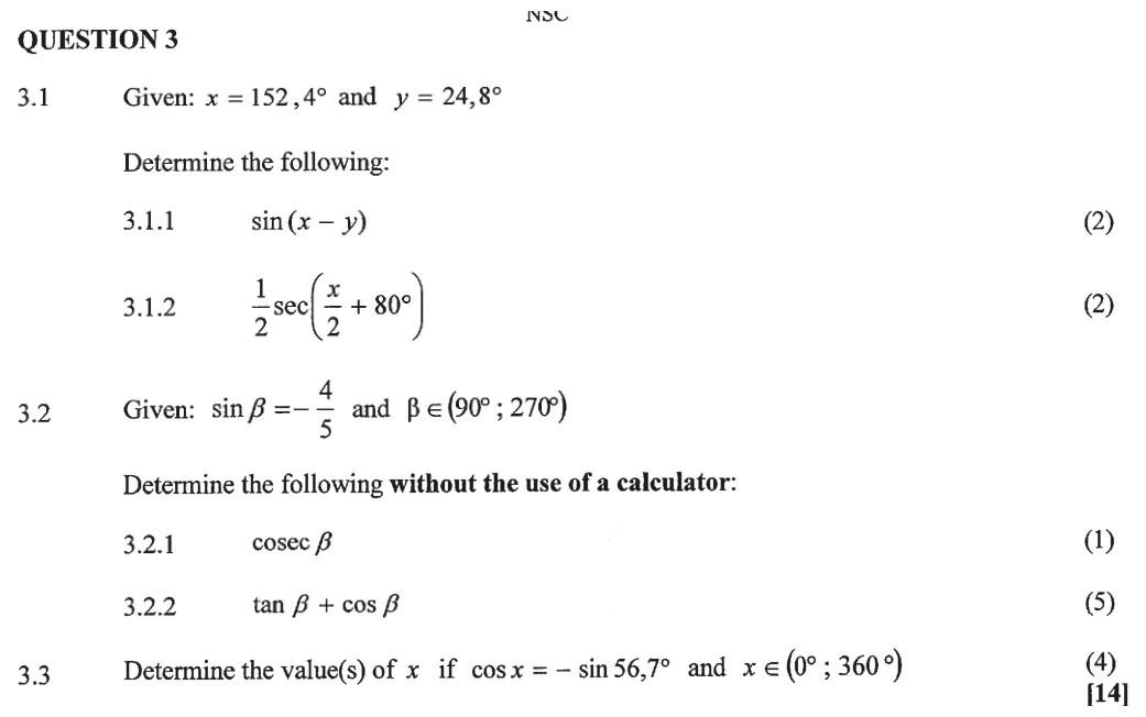 Grade 12 Technical Mathematics Trigonometry practice question